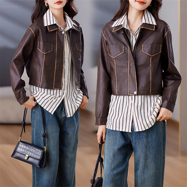港风皮衣女外套2024新款洋气设计感复古机车皮夹克小个子短款上衣，女装皮衣，江南女神