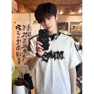 夏季美式高街重磅纯棉三条杠织带撞色男女短袖T恤ZD531-特P30图片