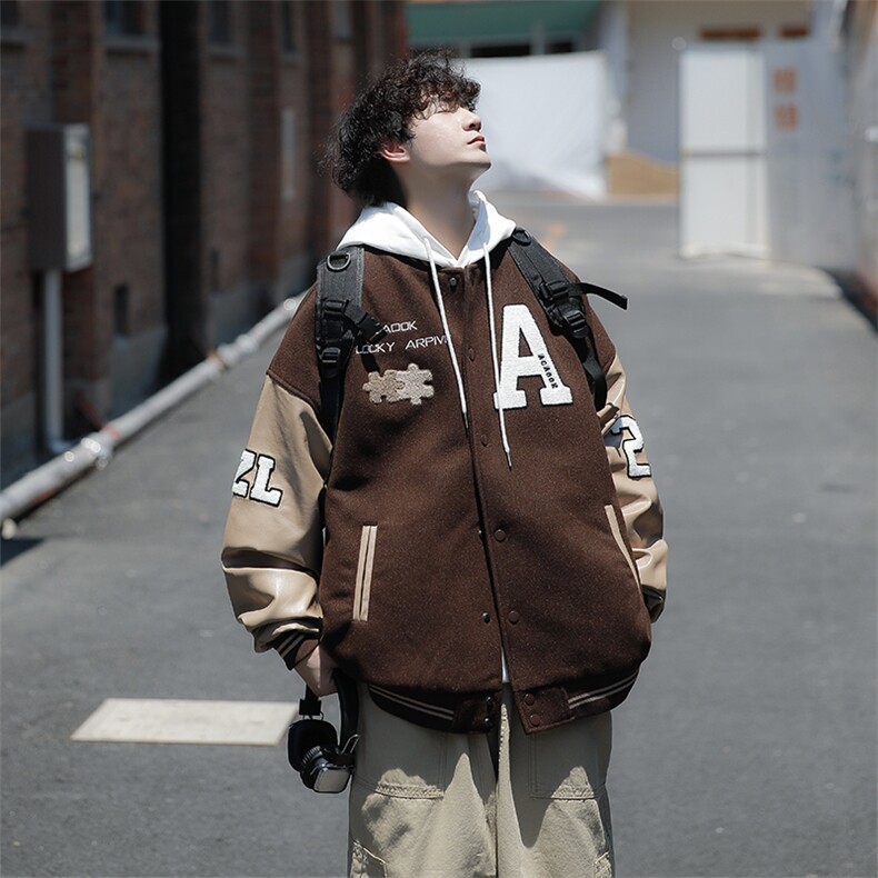 潮咖啡色拼图皮刺绣休闲夹克外套美式春秋棒球服男W3781-P55,男装夹克,星座512-2