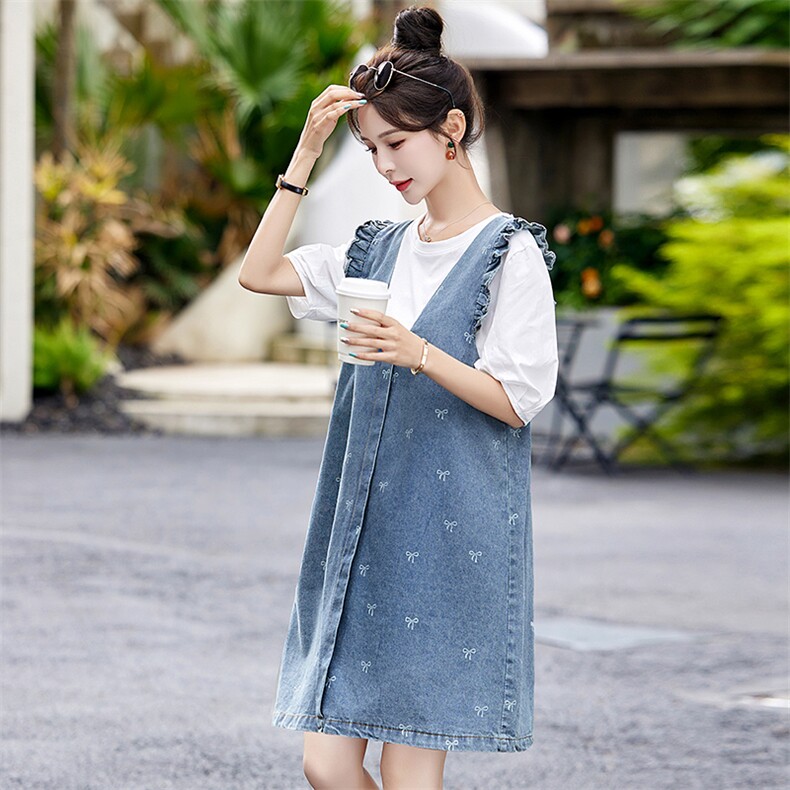 牛仔背带裙套装女2024夏季新款宽松显瘦小个子多巴胺连衣裙两件套,女装连衣裙,涵墨