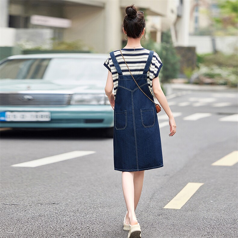牛仔背带裙套装女夏季2024新款休闲减龄显瘦条纹t恤吊带裙两件套,女装套装/套裙,慧尚依恋