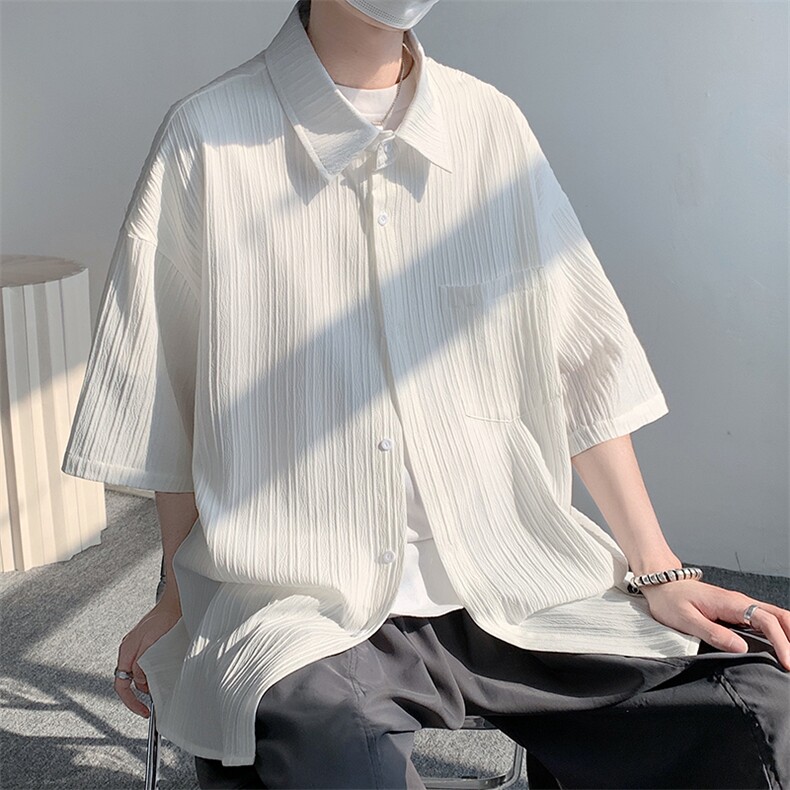 特批25无差价2024夏季大码冰丝薄款短袖衬衣男潮牌垂坠感衬衫C834图片