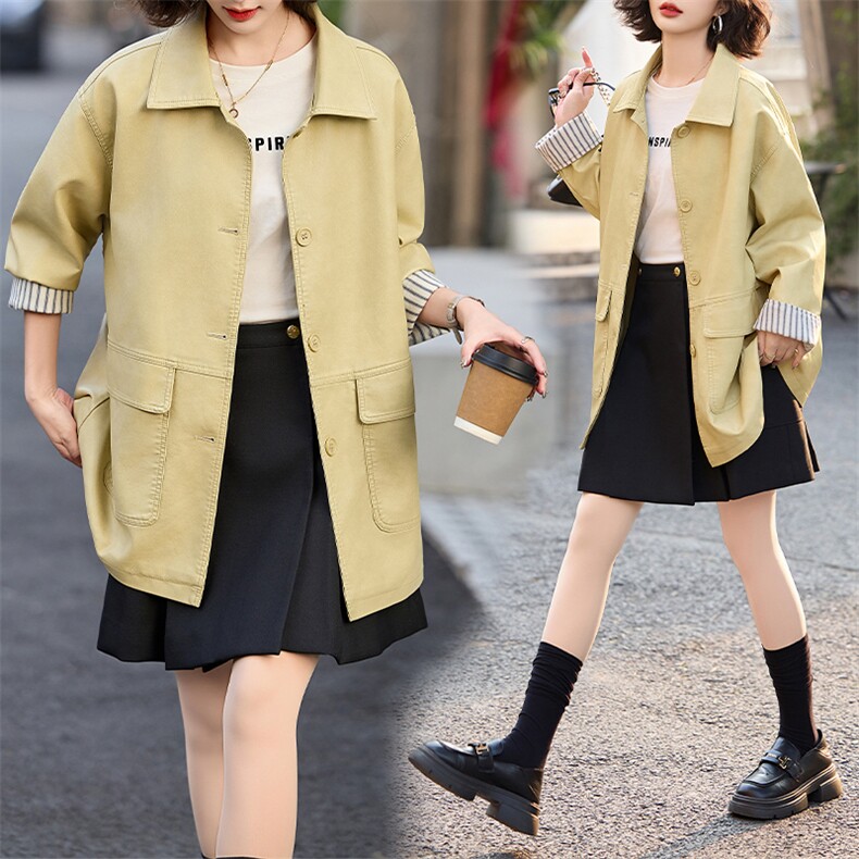 Y3K中长款皮衣西装领显瘦休闲春季街头风上衣甜辣风春秋气质洋气，女装皮衣，潮流依族