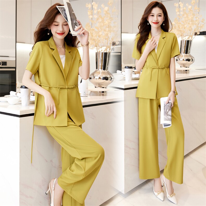 短袖西装套装女2024新款夏季薄款休闲盐系炸街高级感阔腿裤两件套，女装套装/套裙，卡杰菲