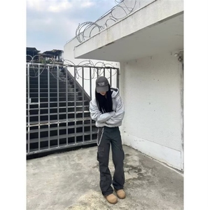 现货水洗磨毛做旧多口袋直筒休闲裤阔腿长裤微喇工装裤男女-网图图片