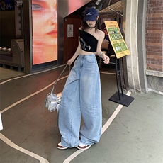美式复古做旧牛仔裤薄款夏季男女新款阔腿裤宽松直筒裤YD9027-P75，男装牛仔裤，星座509