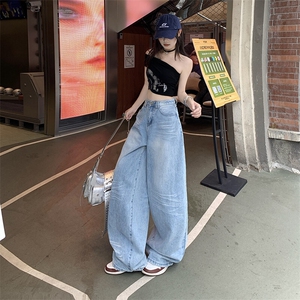 美式复古做旧牛仔裤薄款夏季男女新款阔腿裤宽松直筒裤YD9027-P75图片