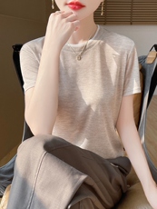 春秋短袖高档新款简约圆领薄款打底衫女t恤针织上衣，女装针织衫/毛衣，绒宛羊绒