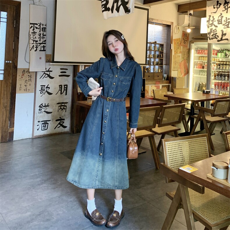 高级感渐变牛仔连衣裙女2024秋季新款港风复古气质收腰显瘦衬衫裙,女装连衣裙,多米2-075