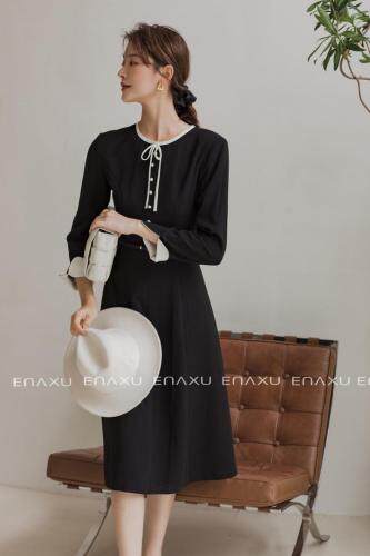 法式优雅黑白撞色蝴蝶结拼色连衣裙，女装连衣裙，伊奈秀E∩ΛXU