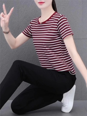 燕颉条纹运动套装女夏天2023新款时尚洋气短袖薄款休闲服两件套，女装套装/套裙，燕颉服饰
