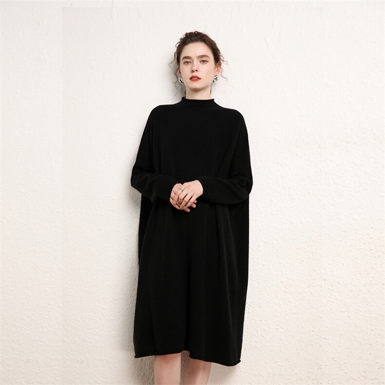 专柜同款气质女神款！山羊绒半高领阔版茧型慵懒风长款打底连衣裙，女装连衣裙，绒源之鑫