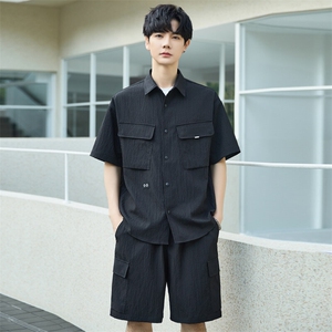 休闲套装男夏季薄款衬衫男士短袖短裤两件套衬衣帅气3388-P70图片