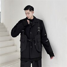 立体裁剪灰色条纹拼接暗黑四合扣马甲式外套夹克A345-166-P145，男装夹克，电商A345