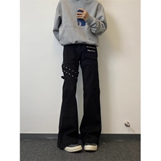 黑色绑带微喇工装牛仔裤情侣ing美式高街喇叭裤子K71556-P57网图，男装牛仔裤，电商B245