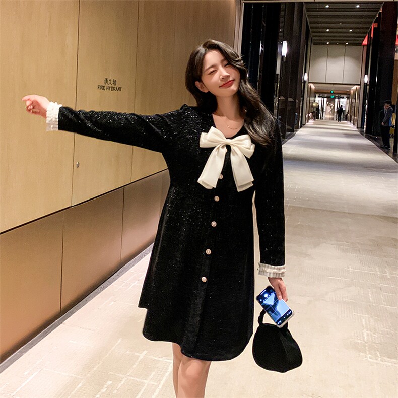 春装现货洋气减龄蝴蝶结赫本风小黑裙2906P125K188,女装连衣裙,2C029