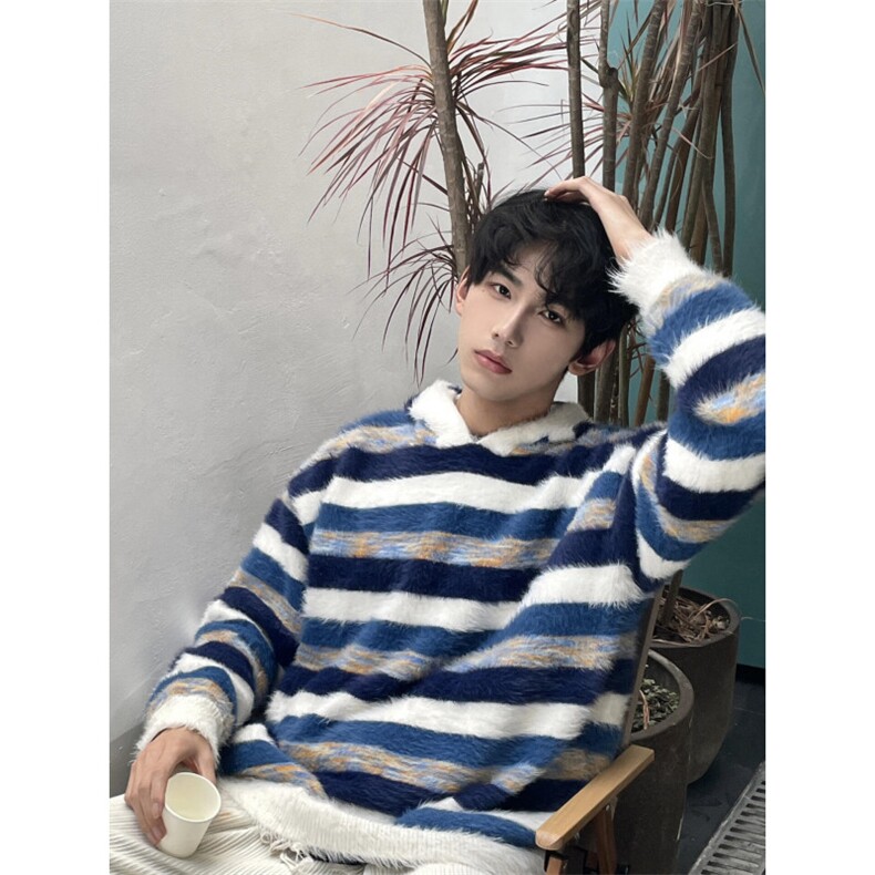 【有货】MY366CC-特P58水貂毛条纹连帽毛衣男慵懒风针织衫外套，男装针织衫/毛衣，星座1007（原301D）