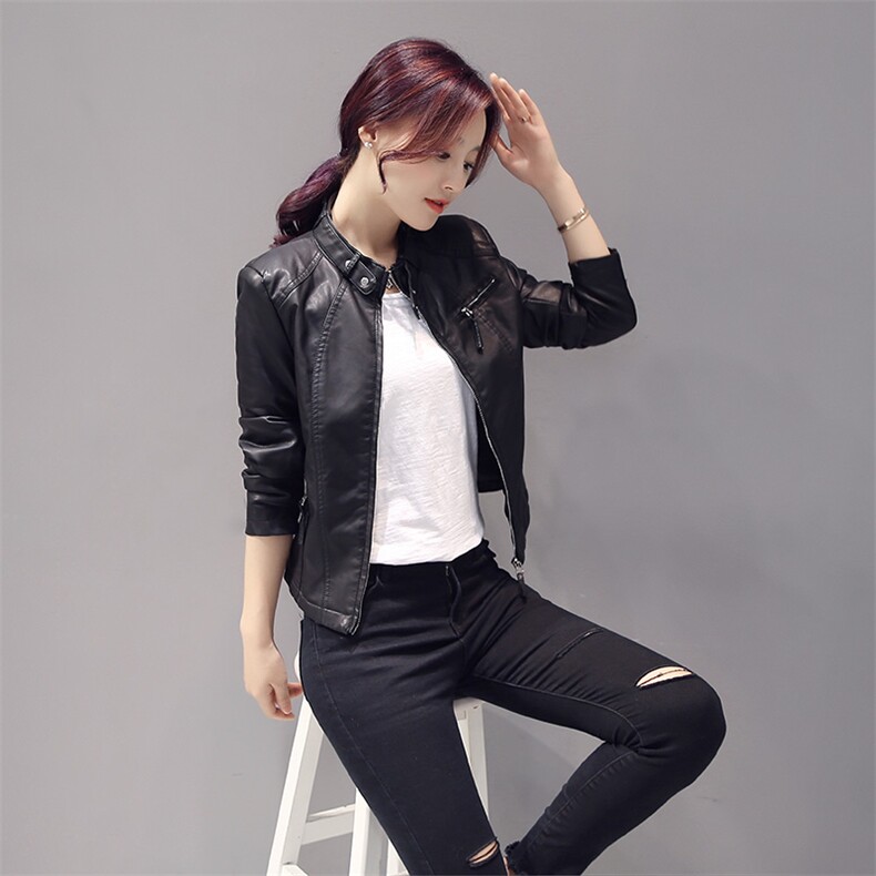 黑色pu水洗皮衣夹克短款加棉秋冬季韩版新款长袖立领时尚休闲上衣，女装皮衣，魅衣本色