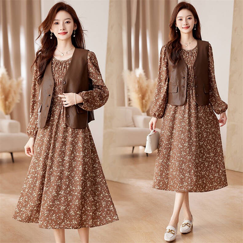 2023年秋季女时尚气质时髦皮马甲+连衣裙套装，女装套装/套裙，艾贝斯