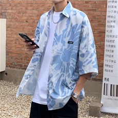 夏季薄款上衣设计感免烫短袖衬衫男装潮牌高级垂感半袖花衬衣潮，男装衬衫，星座1013