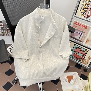 美式立领短袖T恤男夏季polo衫宽松休闲运动boxy上衣T0178-P40图片