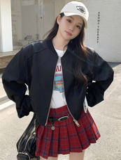 时尚黑色短款外套拼接袖片抽皱设计显瘦百搭潮流女装，女装短外套，鑫慧