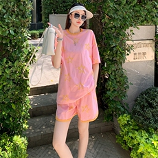 潮流时尚休闲运动套装女夏季新款印花圆领短袖上衣阔腿短裤两件套，女装套装/套裙，2C310