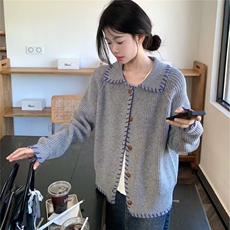 A887-P61高领韩系灰色单排扣针织开衫女2025春秋新款宽松休闲，男装T恤，电商B323A
