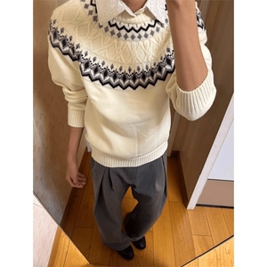 重磅秋冬装北极绒套头毛衣美式复古休闲慵懒风提花工艺针织衫外套图片