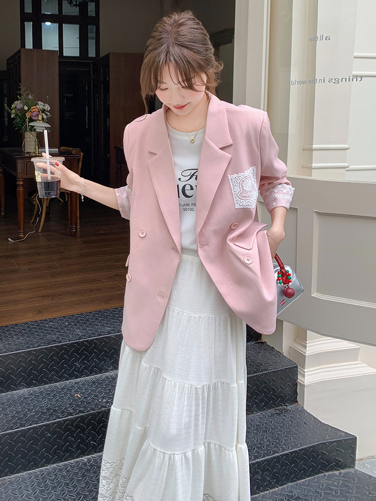粉色蕾丝拼接西装外套女春秋2025新款爆款超火西服独特漂亮设计感,女装西装,素月