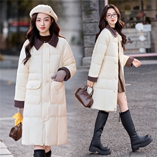 现货冬装新款简约时尚保暖休闲拼接中长款棉服棉衣外套，女装棉衣/棉服，韩美纤衣