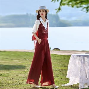 时尚洋气蕾丝拼接套装女2026夏季新款宽松遮肉显瘦阔腿裤两件套图片
