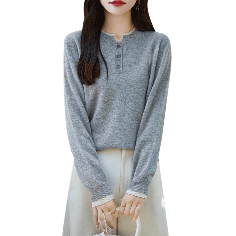 秋冬半开圆领羊毛衫女时尚百搭拼接毛衣拼色针织打底上衣,女装羊毛衫,鹿一羊绒