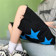 美式高街五分裤男女嘻哈潮牌宽松直筒阔腿牛仔中裤D3120-P45，男装牛仔裤，星座1109-3