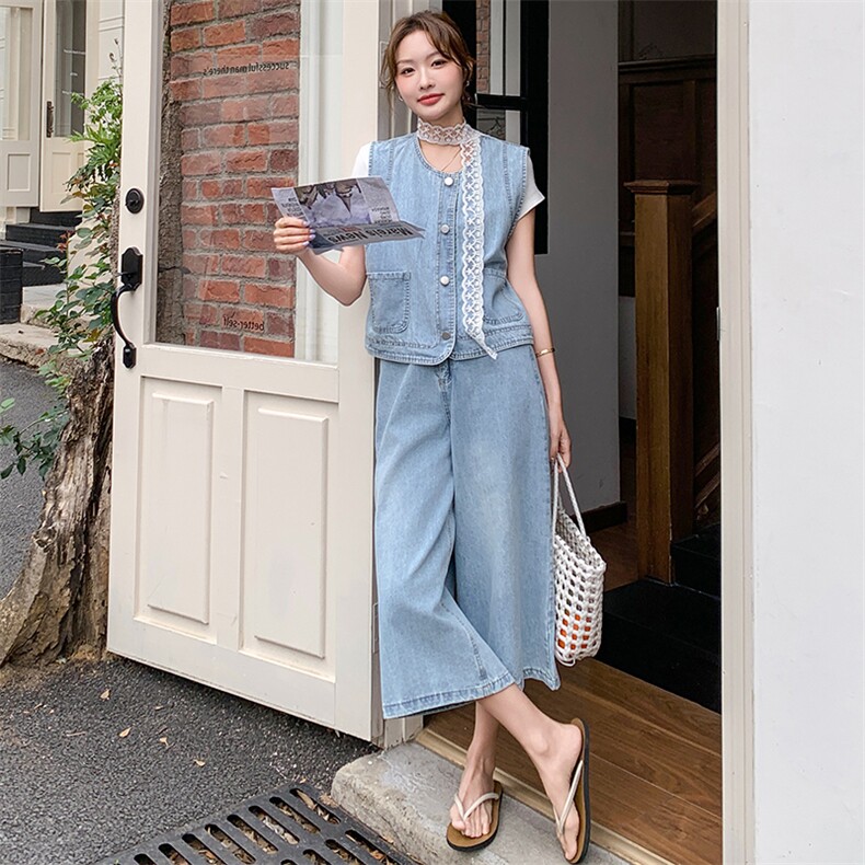 时尚牛仔马甲套装女2025夏季新款超好看短袖T恤宽松阔腿裤三件套,女装套装/套裙,2C236