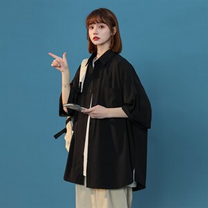 C6042/P35夏款2022中性风冰丝克莱因蓝衬衣男女开衩短袖衬衫控58,女装衬衫,电商A141