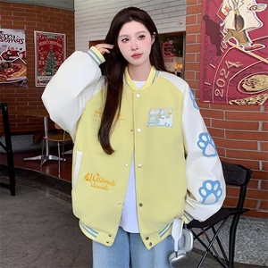 潮牌美式猫咪刺绣撞色棒球服女春季2025新款情侣加厚小个子外套图片