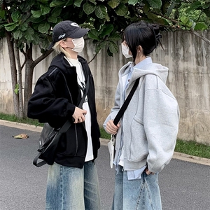 抖音得物高品质秋冬美式高街重磅结构辑明线纹理连帽卫衣外套W111图片