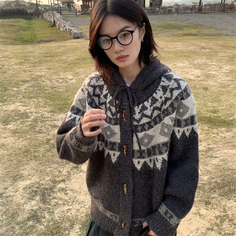 重磅秋冬北极绒开衫毛衣美式复古休闲慵懒风牛角扣针织衫连帽外套,男装针织衫/毛衣,电商A486-1