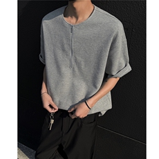 主推美式半拉链华夫格纯色短袖T恤宽松打底衫男女H1063特P20，男装T恤，电商A341
