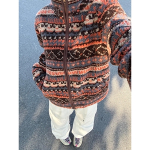 高品 户外费尔岛羊羔毛西部卷叶纹连帽摇粒绒外套男女 A1140-P85图片