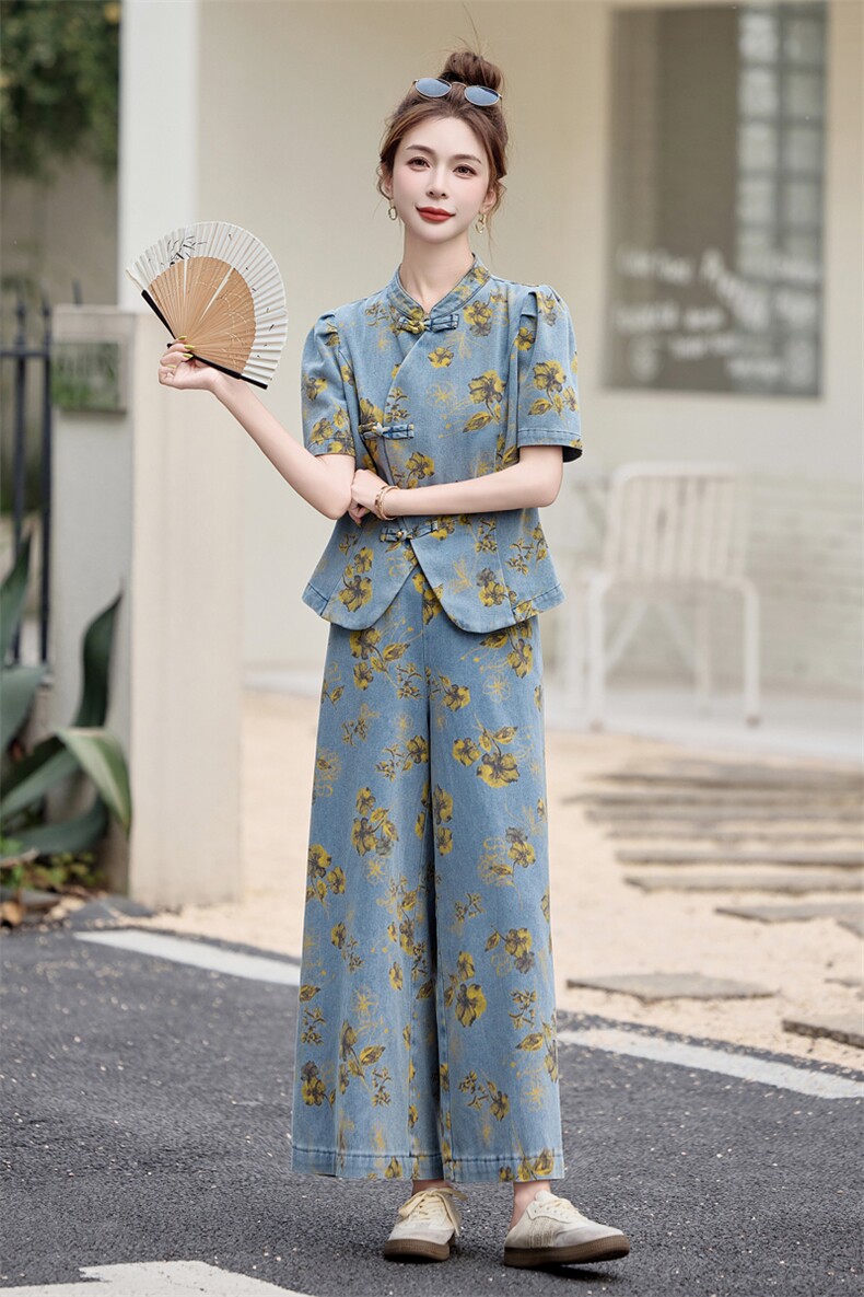 新中式印花牛仔套装女2025夏季新款爆款气质高级感阔腿裤两件套,女装套装/套裙,曼娅璐