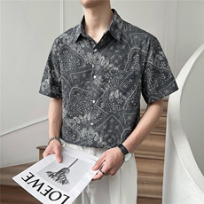 轻熟风夏季印花短袖衬衫男士潮痞帅半袖微宽松衬衣TZ94P50控78，男装T恤，电商B413