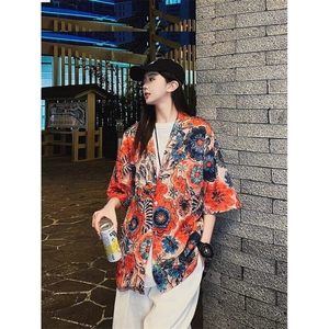 夏季日系碎花短袖衬衫复古青少年夏威夷男女同款沙滩衬衣 C123图片
