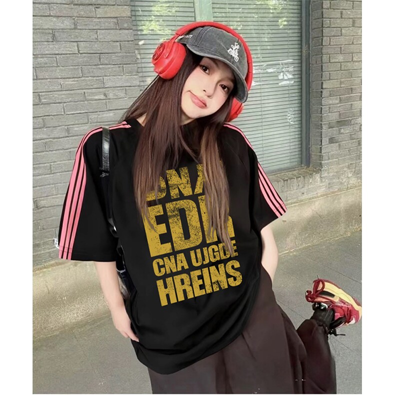 抖音得物品质二开240克宽松纯棉美式潮牌印花三条杠中性风短袖T恤,男装T恤,电商A486-1
