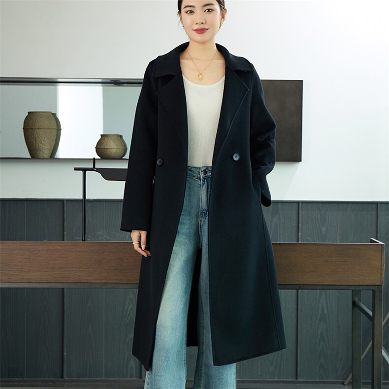 时尚百搭秋冬新款羊毛女士双面呢大衣显瘦气质长款外套,女装双面呢大衣,岳达羊绒
