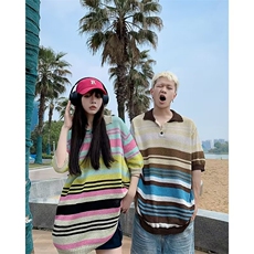 美式条纹针织撞色T恤夏季男小众宽松痞帅休闲POLO衫短袖A6088-p40，男装T恤，星座1008