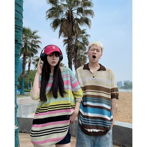 美式条纹针织撞色T恤夏季男小众宽松痞帅休闲POLO衫短袖A6088-p40图片