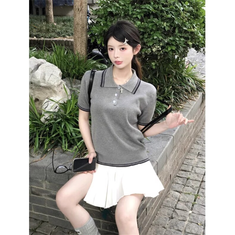 夏季新款女士简约时尚舒适POLO领短袖学院风短袖,女装T恤,恒旺羊绒