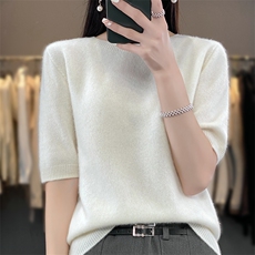 2025新款女士简约大气一线成衣圆领针织短袖，女装针织衫/毛衣，暖烁羊绒